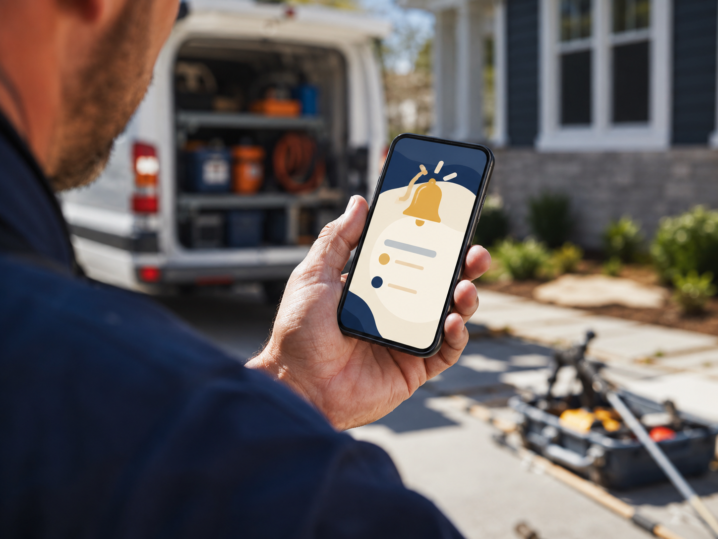 Home-service business owner reviewing a new lead on a phone